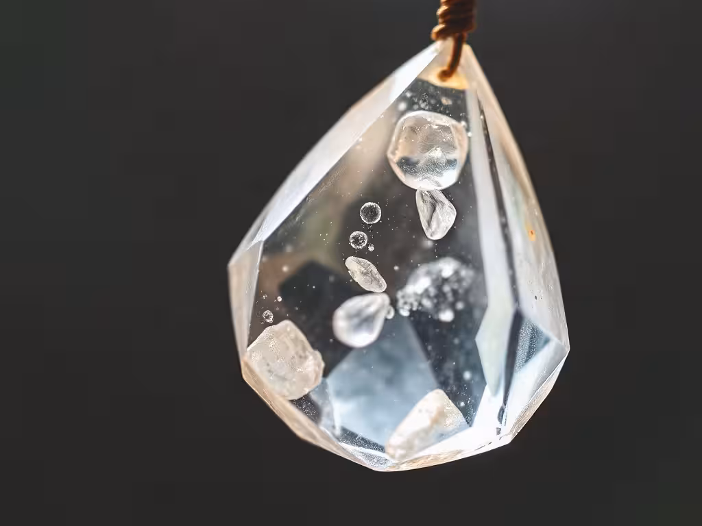 Gros plan de cristal de roche montrant les inclusions naturelles et la transparence cristalline