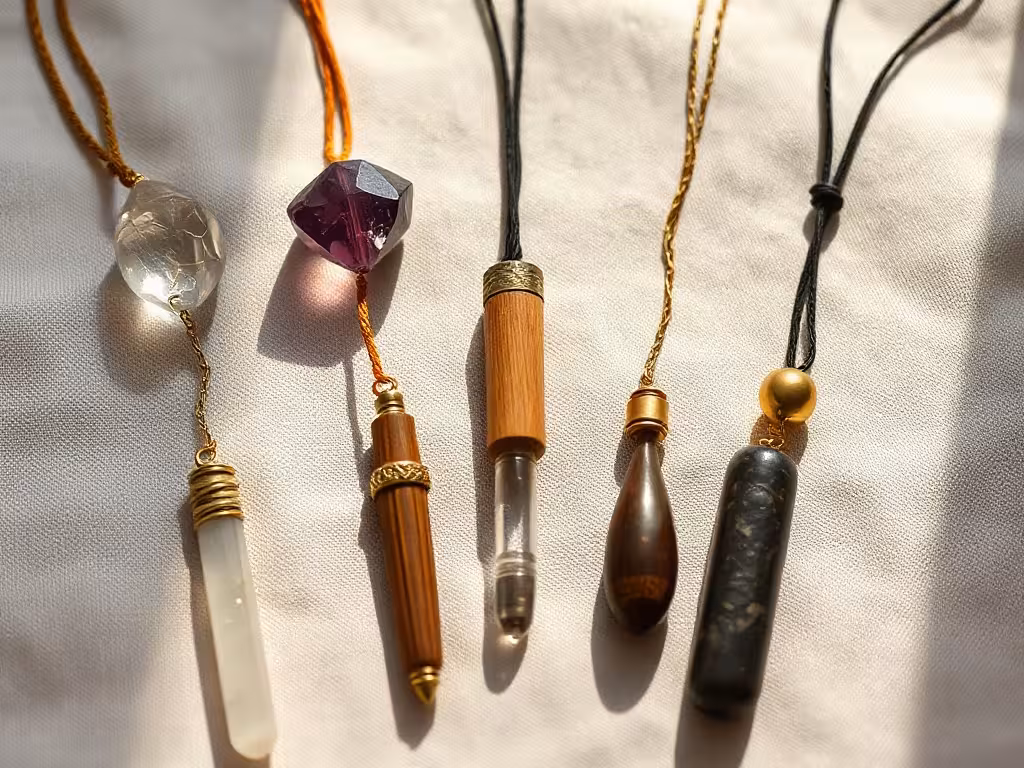 Plusieurs pendules en cristal et pierre naturelle posés sur tissu lin, matériel de débutant en radiesthésie.