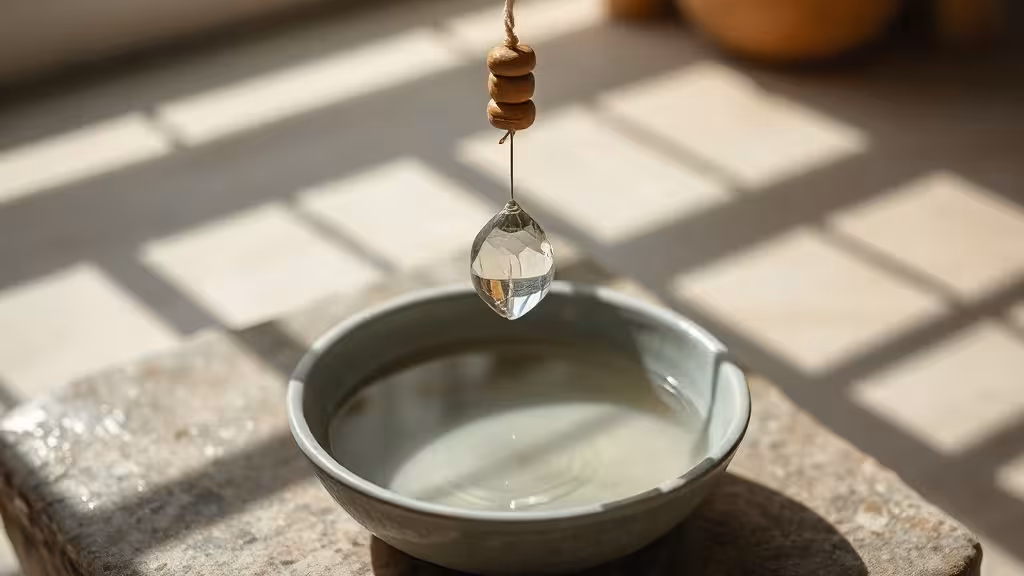 Pendule suspendu au-dessus d'une surface d'eau, lumière naturelle douce, composition épurée et apaisante