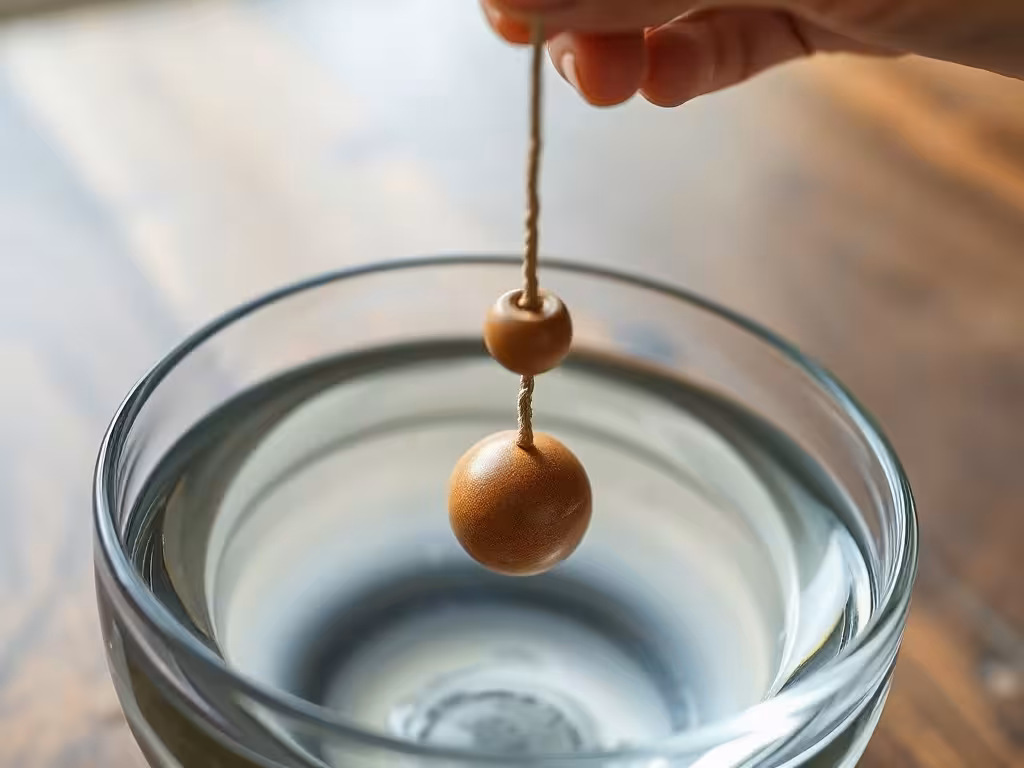 Main tenant délicatement un pendule au-dessus de l'eau, posture correcte et technique de calibrage du pendule oui non