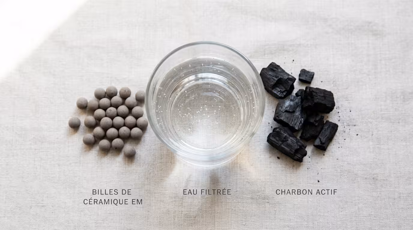 Verre d'eau filtrée avec perles de céramique EM et charbon actif, composition épurée en lumière naturelle