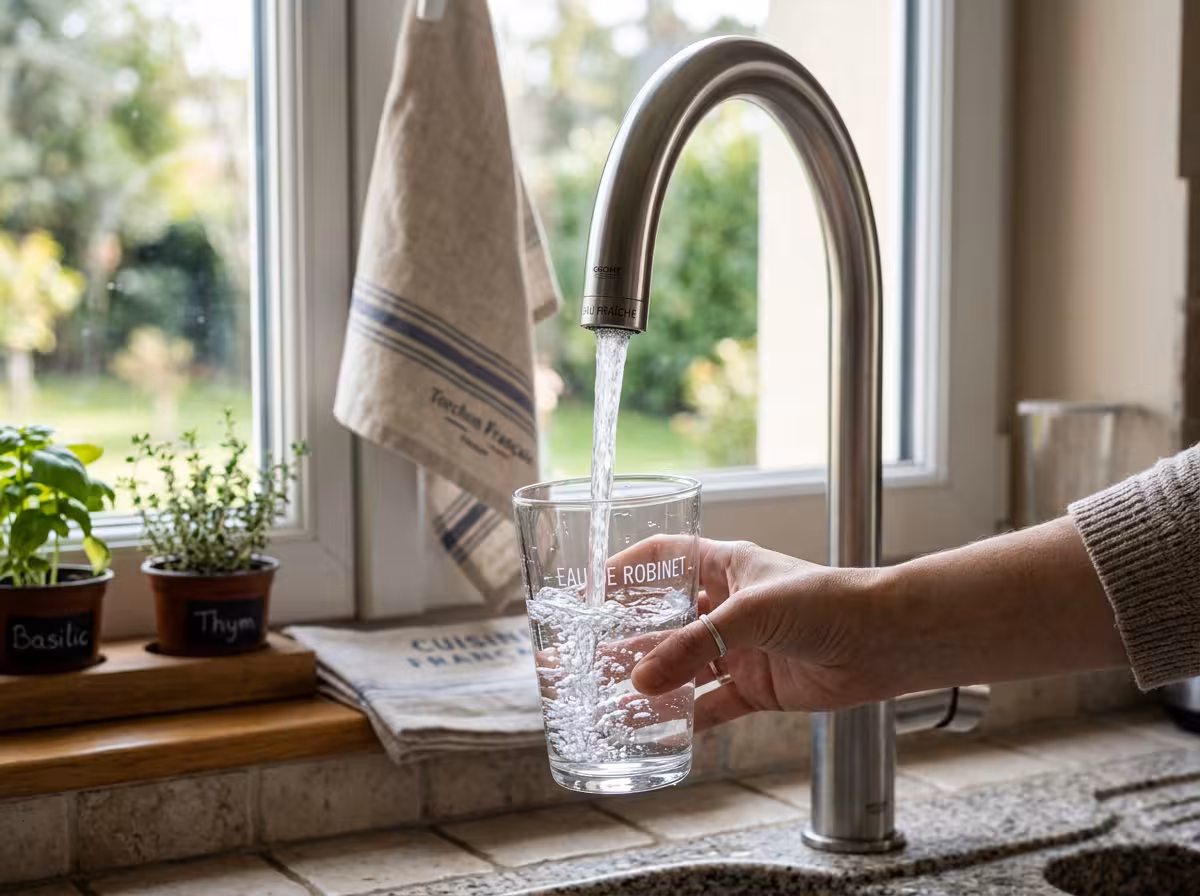 Main versant de l'eau du robinet dans un verre, scène quotidienne en lumière naturelle