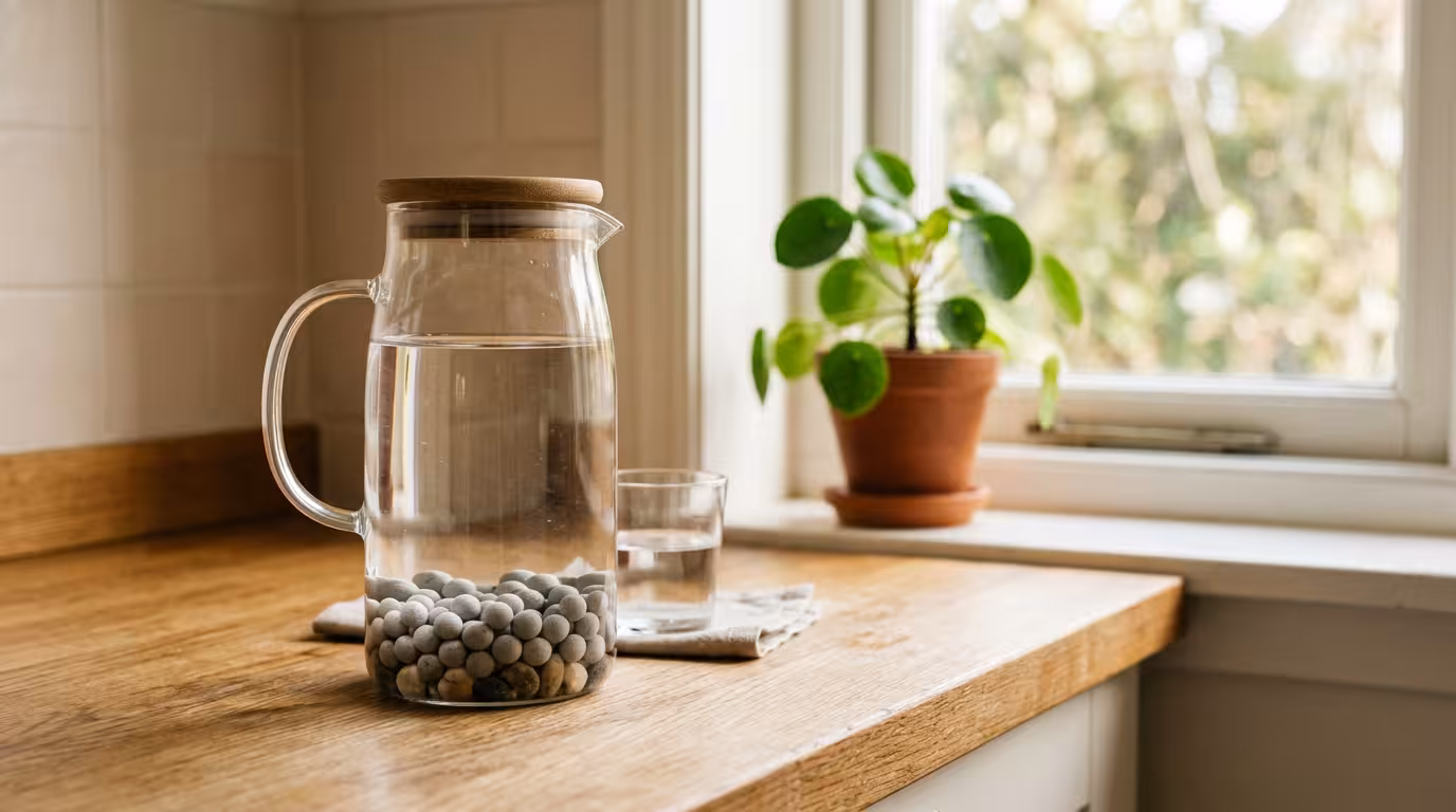 Carafe en verre avec perles de céramique EM pour filtration d'eau du robinet, ambiance écologique naturelle