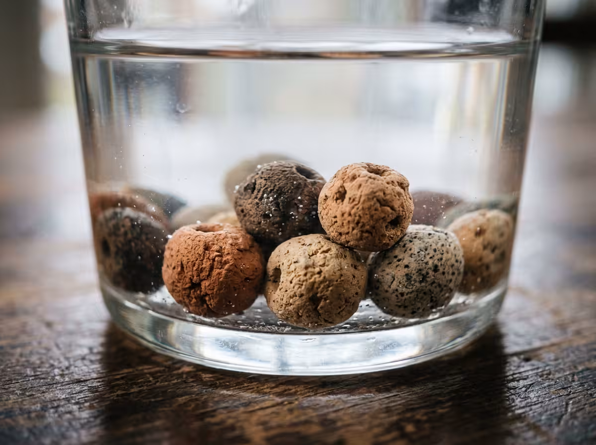 Gros plan sur perles de céramique EM dans l'eau : texture, couleur naturelle et taille réelle