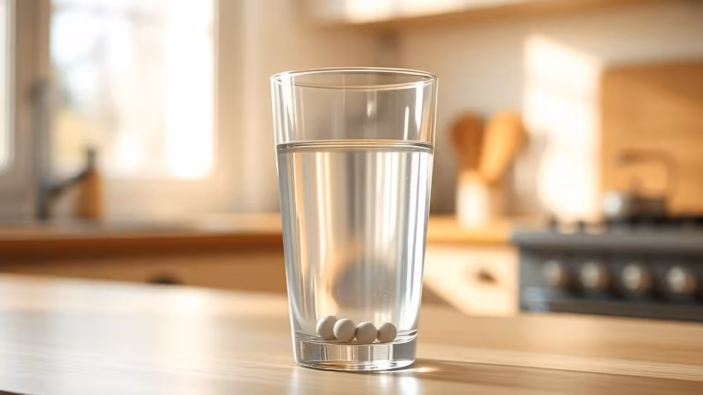 Un verre d'eau claire avec perles de céramique, ambiance domestique tranquille en lumière naturelle