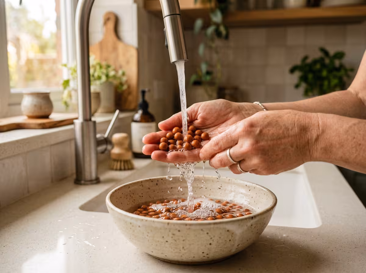 Usage quotidien serein de l'eau structurée à la maison, verre rempli en mains.
