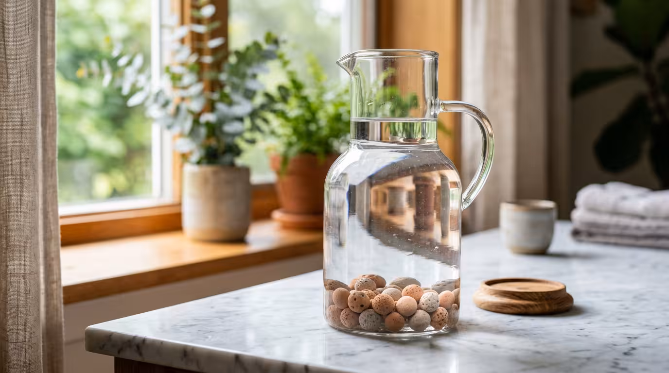 Carafe en verre remplie d'eau claire avec perles de céramique EM visibles, lumière naturelle douce, ambiance zen