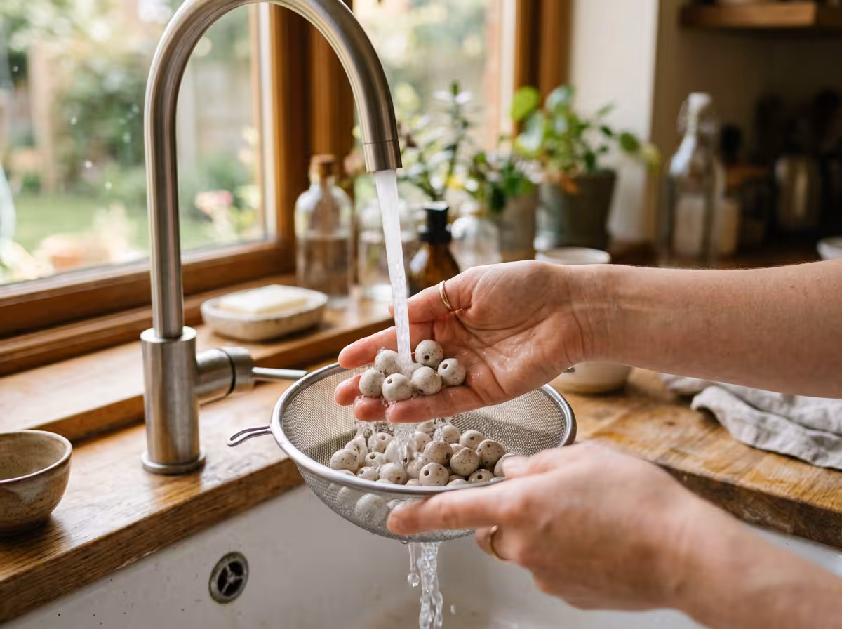 Rinçage délicat de perles de céramique sous eau courante, rituel d'entretien quotidien, lumière naturelle de cuisine