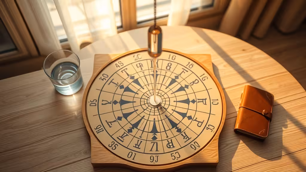 Planche radiesthésie vue de dessus avec un pendule suspendu et un verre d'eau, illustrant l'utilisation de cet outil de pratique alternative.
