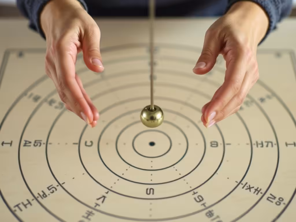Pendule suspendu au-dessus d'une planche radiesthésie montrant la position correcte et le principe d'utilisation pratique.
