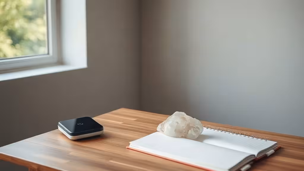 Espace de consultation minimaliste avec équipement technologique discret, lumière naturelle, ambiance professionnelle ondes scalaires.