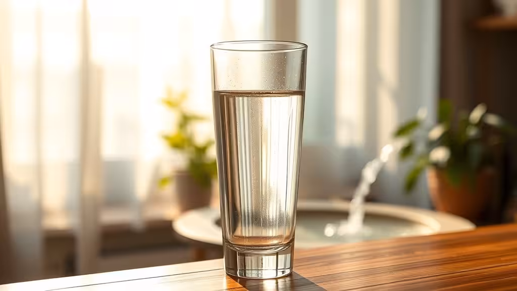 Un verre d'eau claire illuminé par la lumière naturelle, symbole du choix conscient pour trouver la meilleure eau à boire.