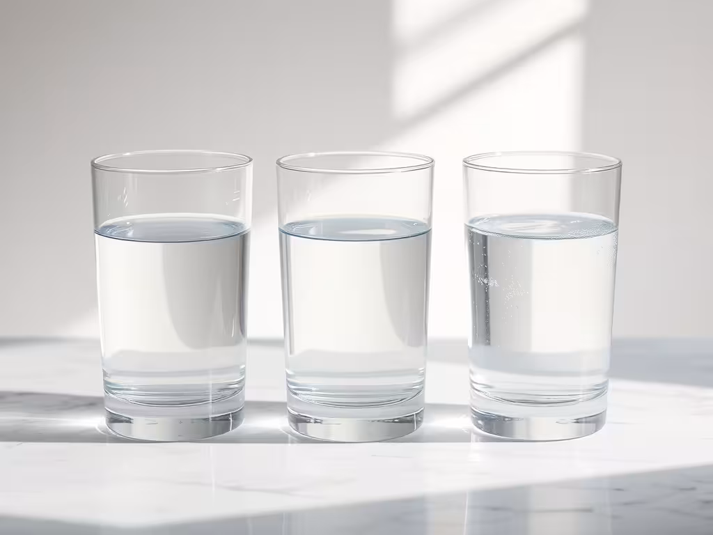 Trois verres d'eau de différentes sources - robinet, filtrée, minérale - pour comparer visuellement les types d'eau à boire.