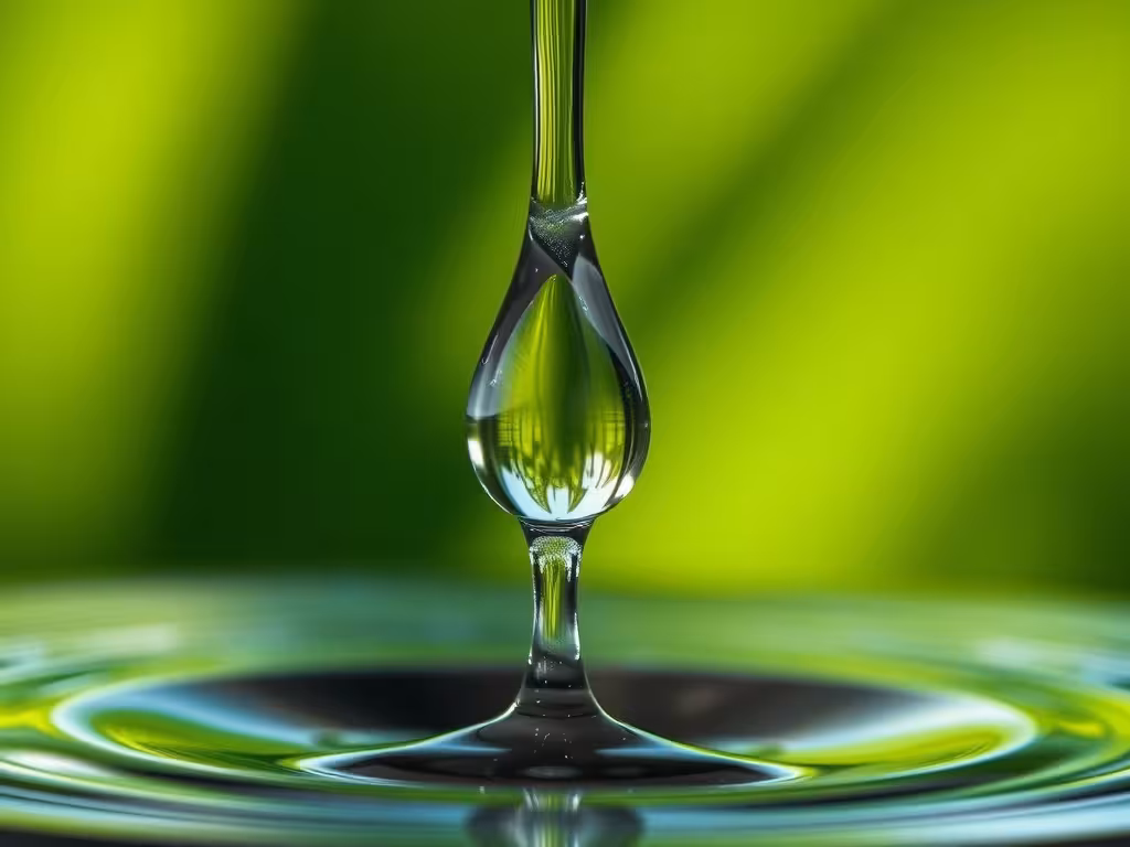 Une goutte d'eau pure et cristalline réfractant la lumière en arc-en-ciel, symbole de l'eau structurée et vivante.