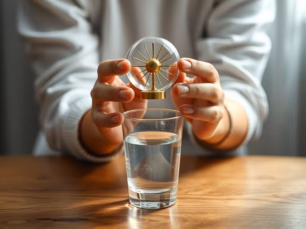 Pendule de radiesthésie tenue au-dessus d'un verre d'eau : pratique de radiesthésie et analyse