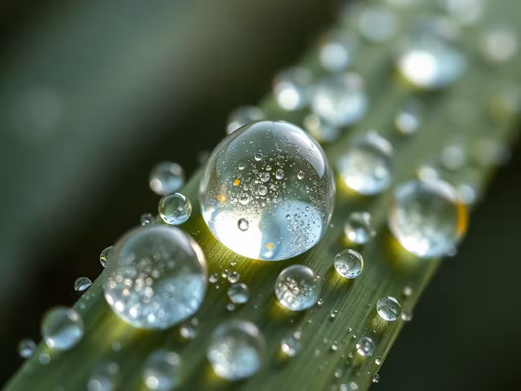 Gros plan de gouttelettes d'eau avec cristaux et prismes de lumière, visualisant la sensibilité intime de l'eau à son environnement.