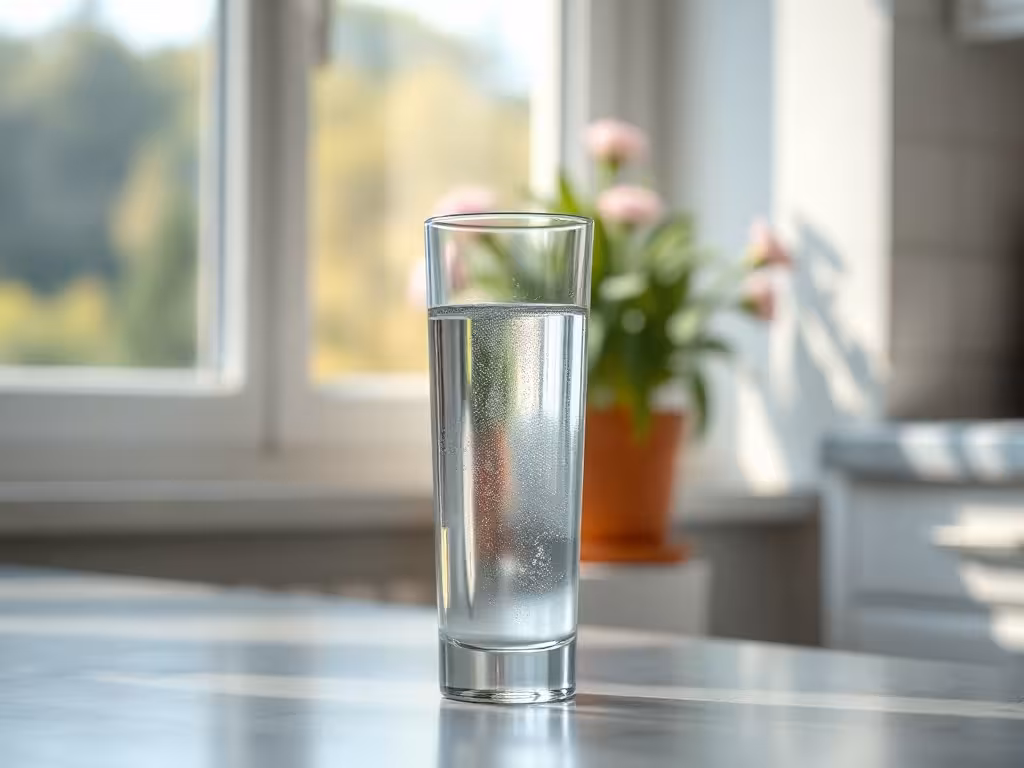 Verre d'eau claire dans un cadre domestique serein et lumineux, incarnant les gestes quotidiens pour optimiser la qualité de son eau à la maison.
