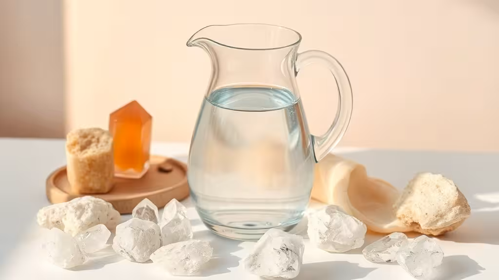 Carafe en verre transparent remplie d'eau pure, cristaux de quartz et gemmes naturelles alentour, dans une lumière solaire douce