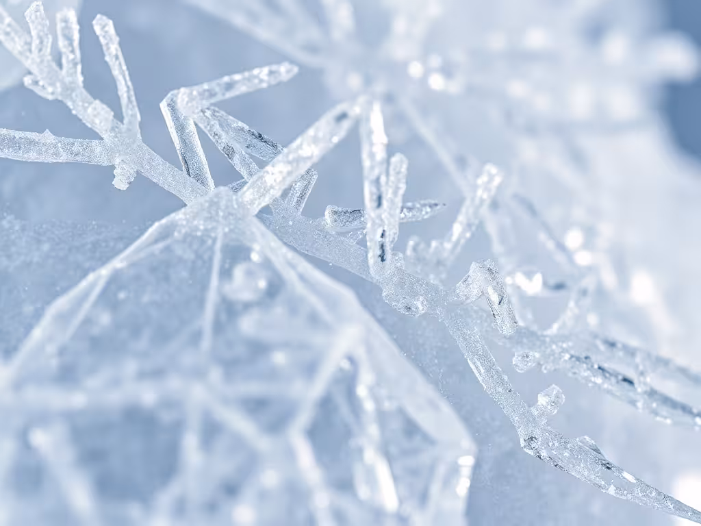 Cristaux de glace aux structures géométriques précises photographiés en macro, illustration des hypothèses sur la structuration de l'eau