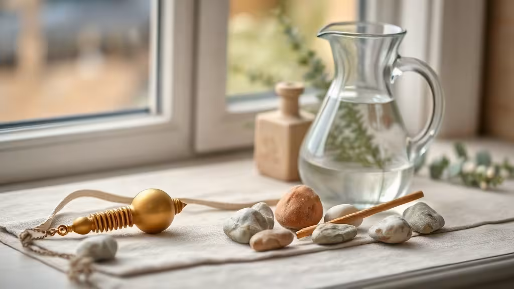 Pendule, pierres et carafe d’eau pour présenter l’univers Vibratis.