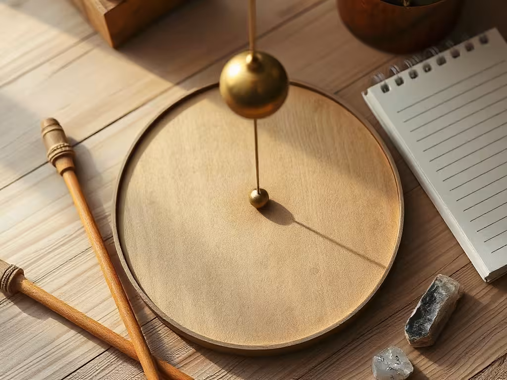 Pendule de radiesthésie et baguettes, objets proposés dans l’univers Vibratis.
