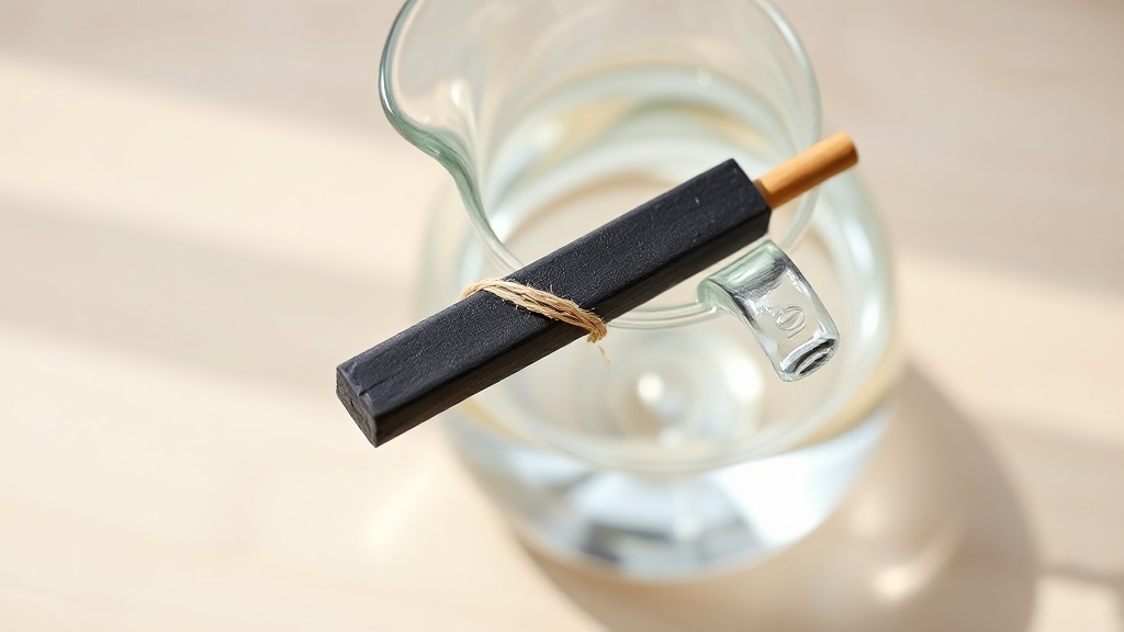 Bâton de charbon binchotan posé sur le bord d'une carafe en verre remplie d'eau claire, lumière naturelle douce